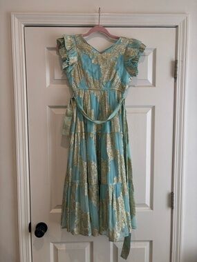 Girls Aqua and Gold Metallic Ruffle Sleeve Dress